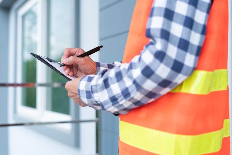 Inspector in a safety vest writing notes on a clipboard during an inspection