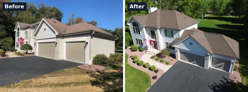 Before and after photos of the roof replacement on Suffolk Drive in Rockford, IL
